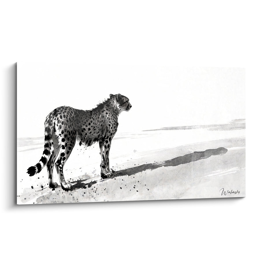 Tableau Guépard noir et blanc à l'ombre portée longue - Éclaboussures d'encre au sol - Edition Guépard