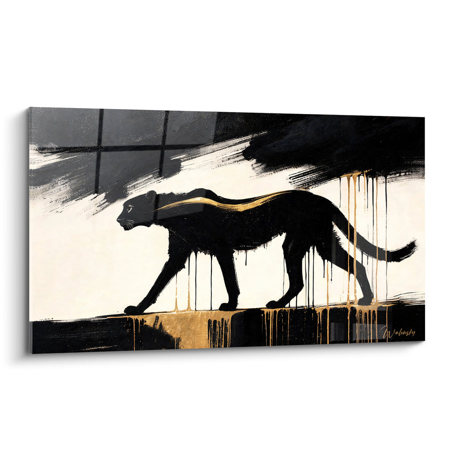 Tableau Guépard noir aux coulures dorées - Démarche silencieuse - Edition Guépard