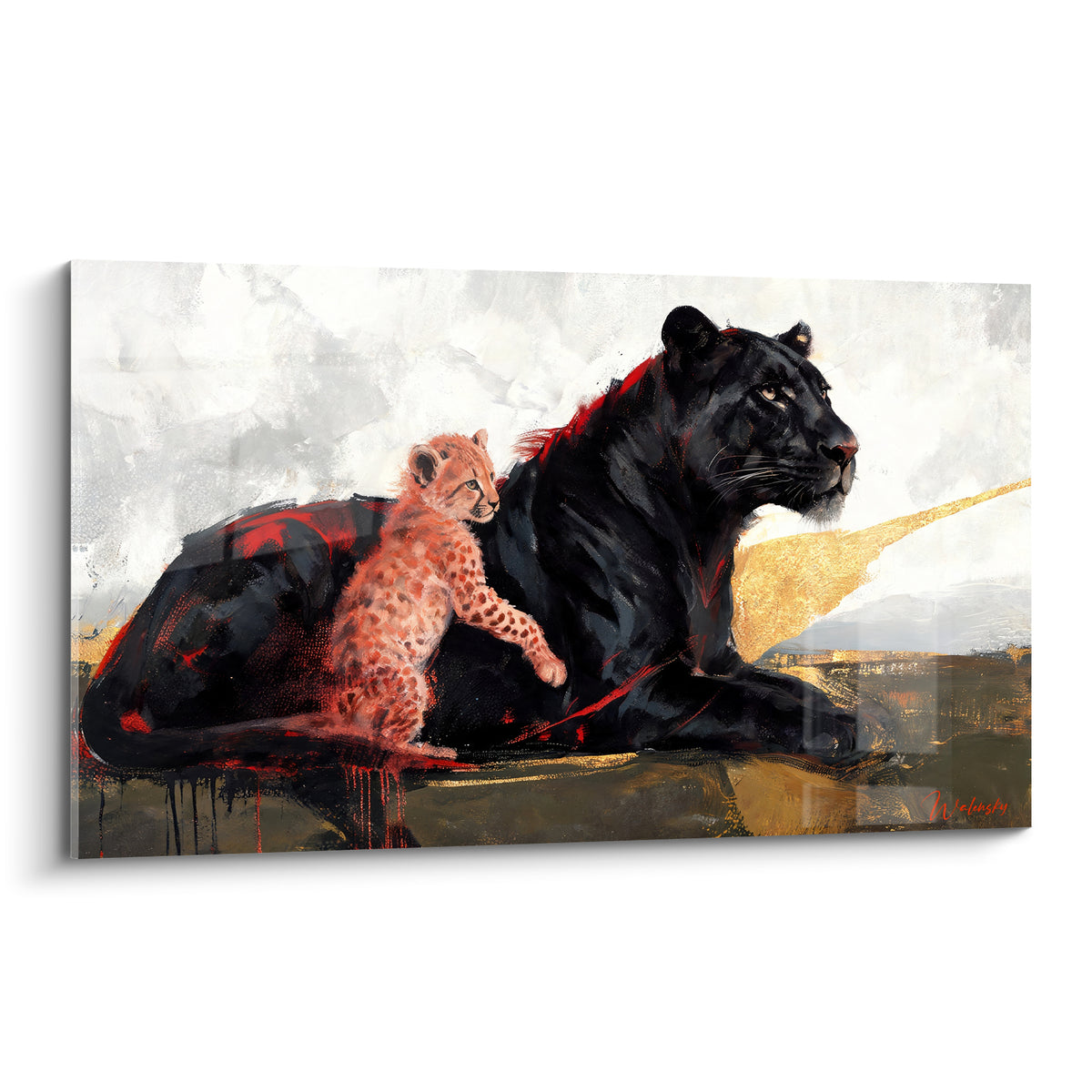 Guépard noir et son petit fauve enlacés sur fond blanc et doré aux touches rouges