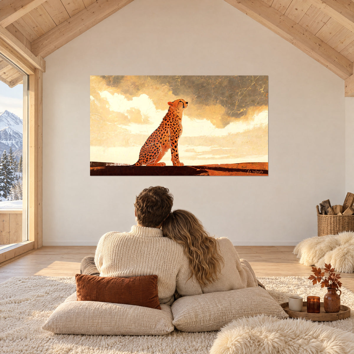 Wall art plains panther with black spots, golden sky cracked with grey and ivory, facing a couple seen from behind on cushions