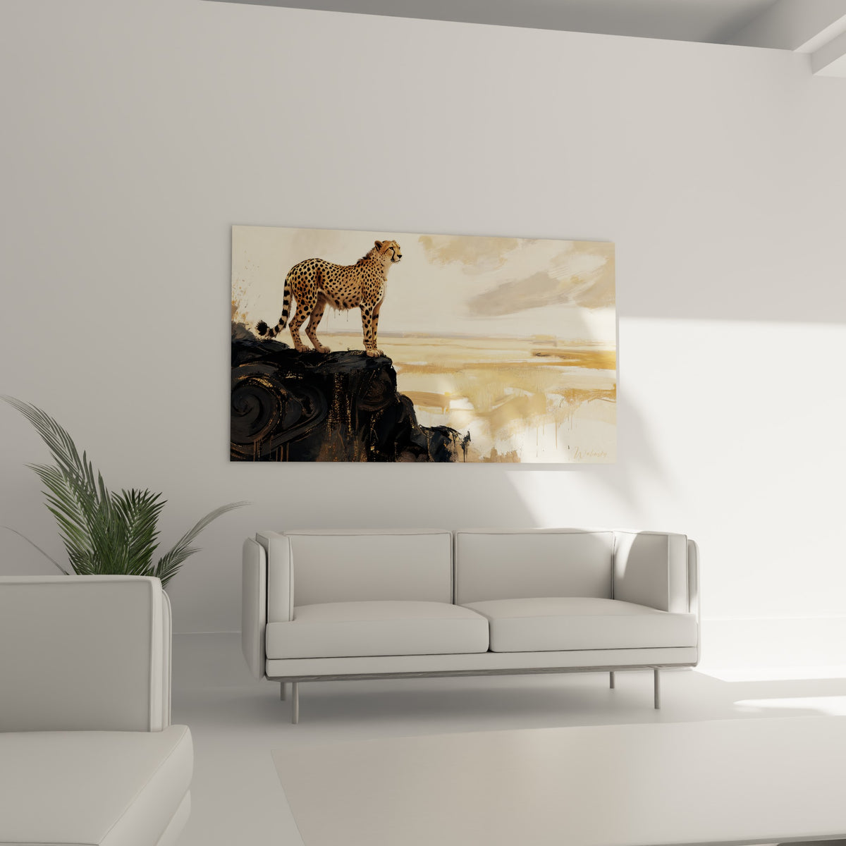 Silhouette du guépard sur fond ocre et beige placée au-dessus d'un canapé dans un salon lumineux