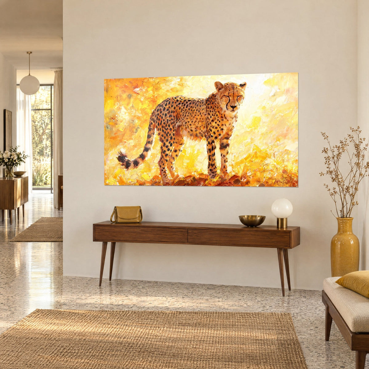 Wall art of a standing cheetah with tawny coat speckled in black, sunny yellow and amber background, on a wooden console in the entrance hall