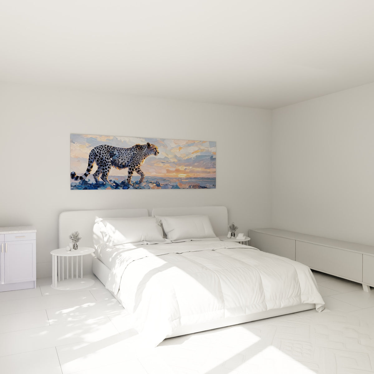 Silhouette de guépard ocre et bleu pastel accrochée au-dessus d'un lit dans une chambre claire