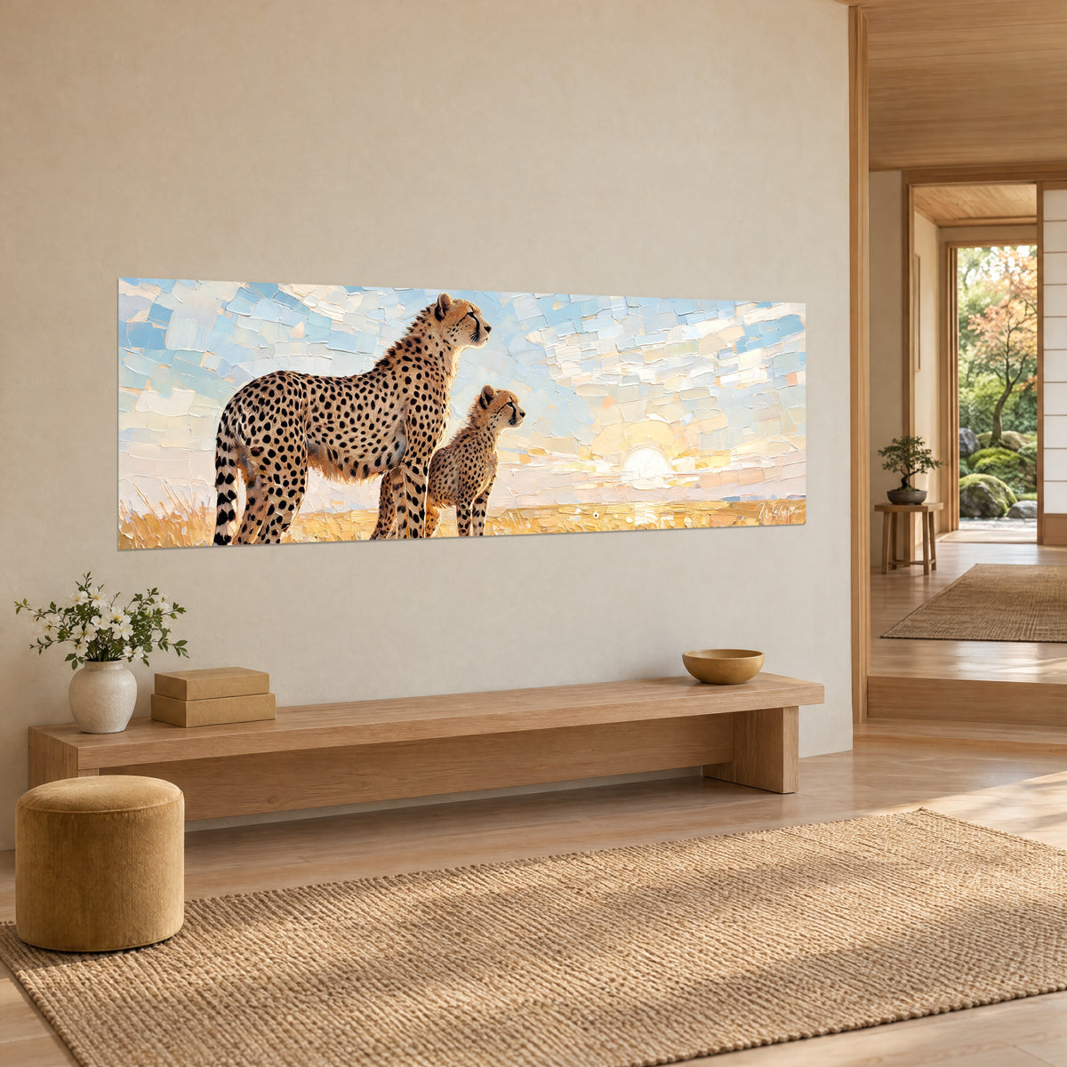 Wall art spotted wild cat and her young in profile, white rising sun over golden grasses, sky blue and cream sky, three-quarter view in a Japandi home