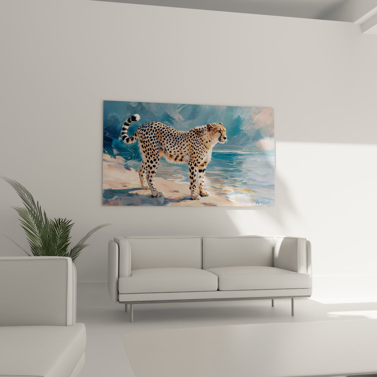 Guépard ocre et sable contemplant l'océan turquoise au-dessus d'un canapé dans un salon lumineux