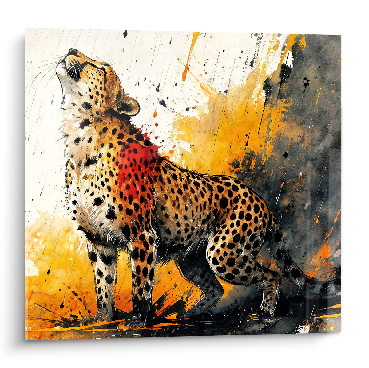 Guépard ocre au museau levé sous une pluie battante, tache rouge sur l'encolure, style aquarelle