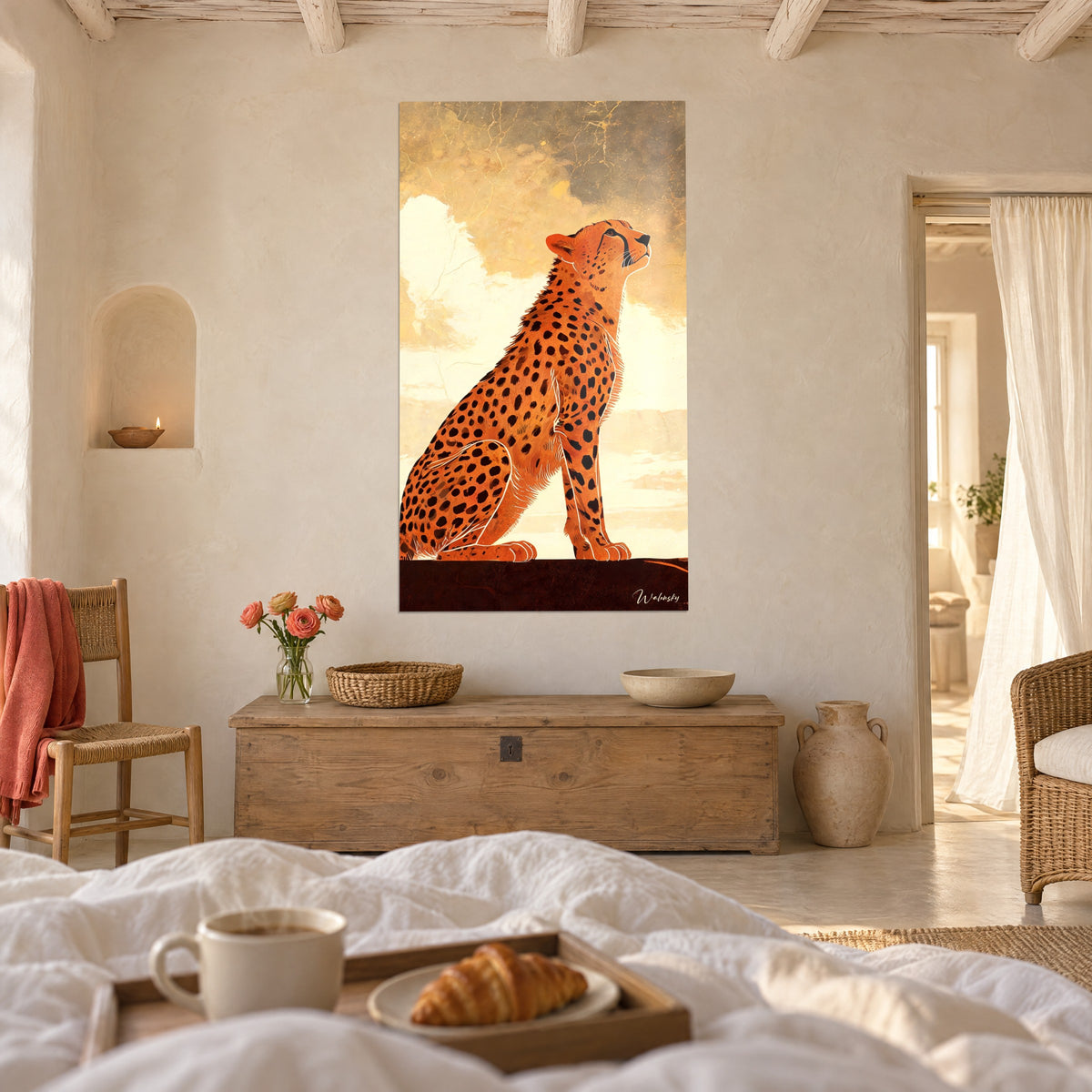 Wall art of a large orange big cat in an upright profile, cream and grey-brown clouds, above a bed in a bright bedroom