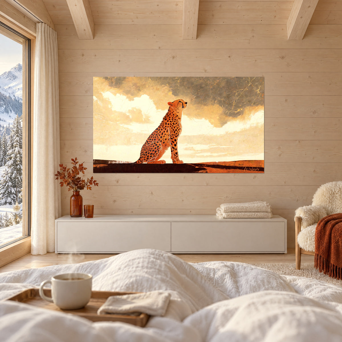 Wall art savanna big cat in orange silhouette, ivory and charcoal sky, above a bed in a light bedroom