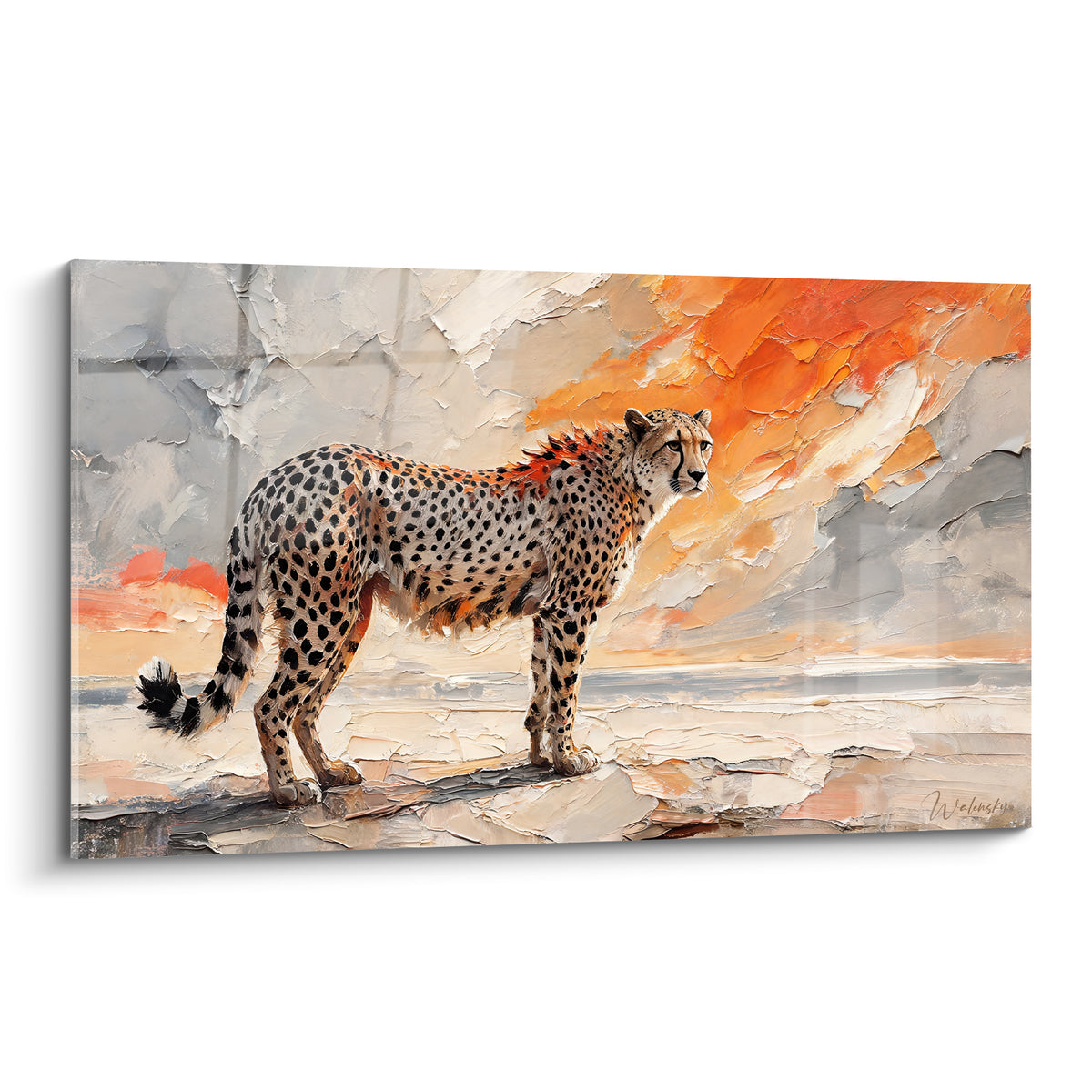 Guépard fauve et noir en profil sur fond gris et orangé texturé façon roche craquelée
