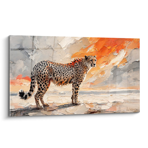 Tableau Guépard debout fond gris et orangé texturé - Vigie du crépuscule - Edition Guépard