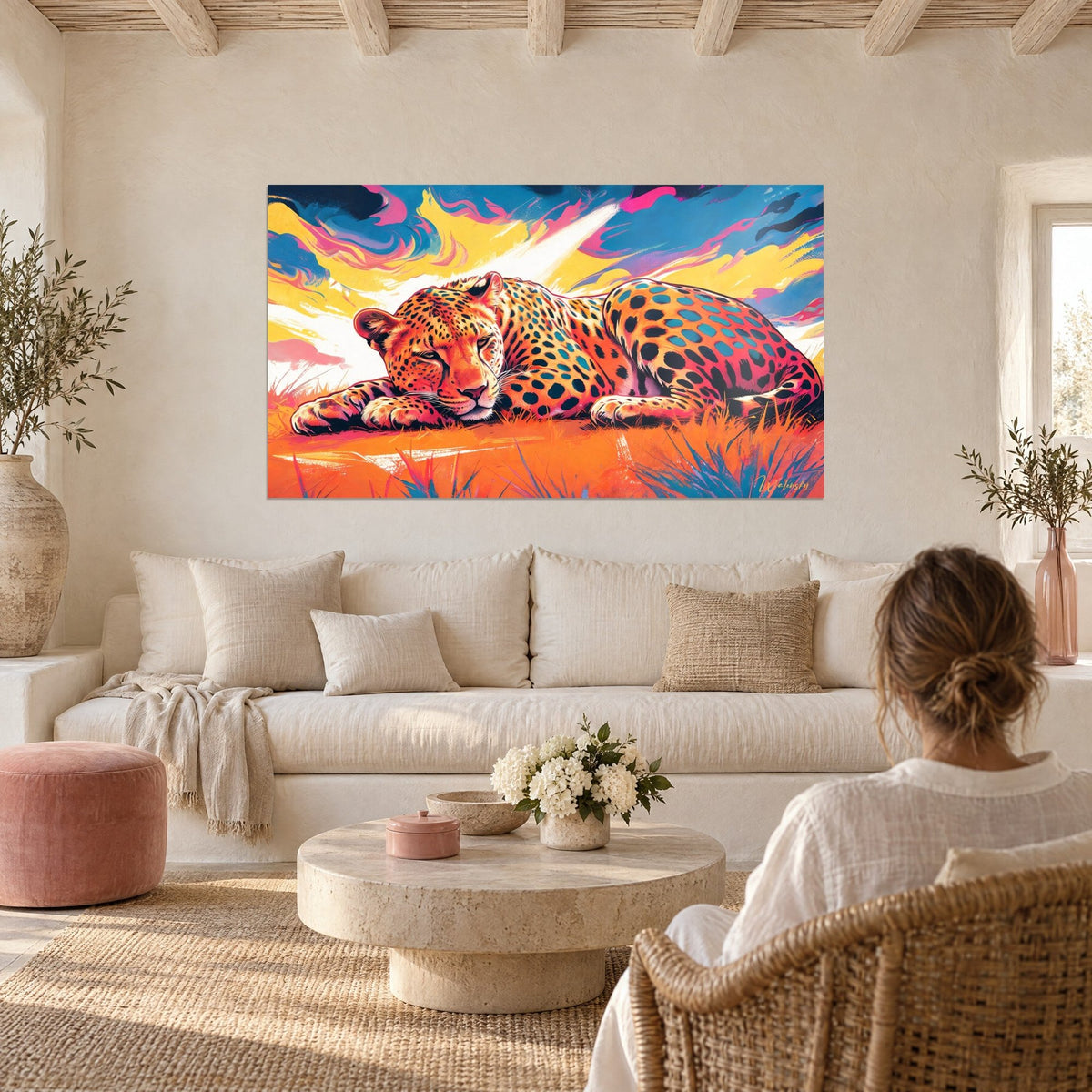 Tableau guépard au pelage orange mouchetée de turquoise, ciel jaune et rose, une femme de dos, au-dessus d'un canapé dans un salon lumineux