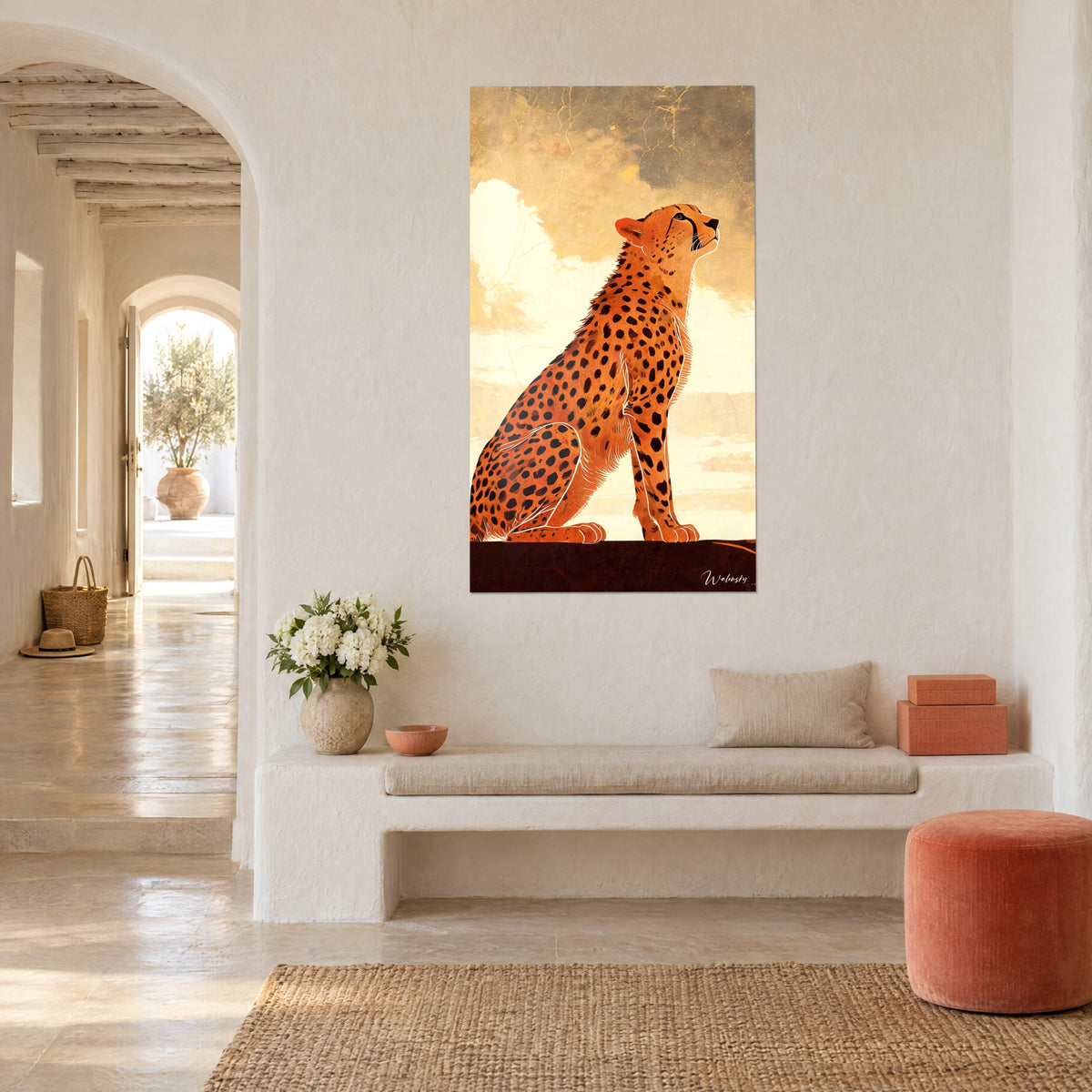 Wall art of a spotted big cat lifting its muzzle toward a yellow and ochre sky, dark brown base, on a whitewashed wall, three-quarter view