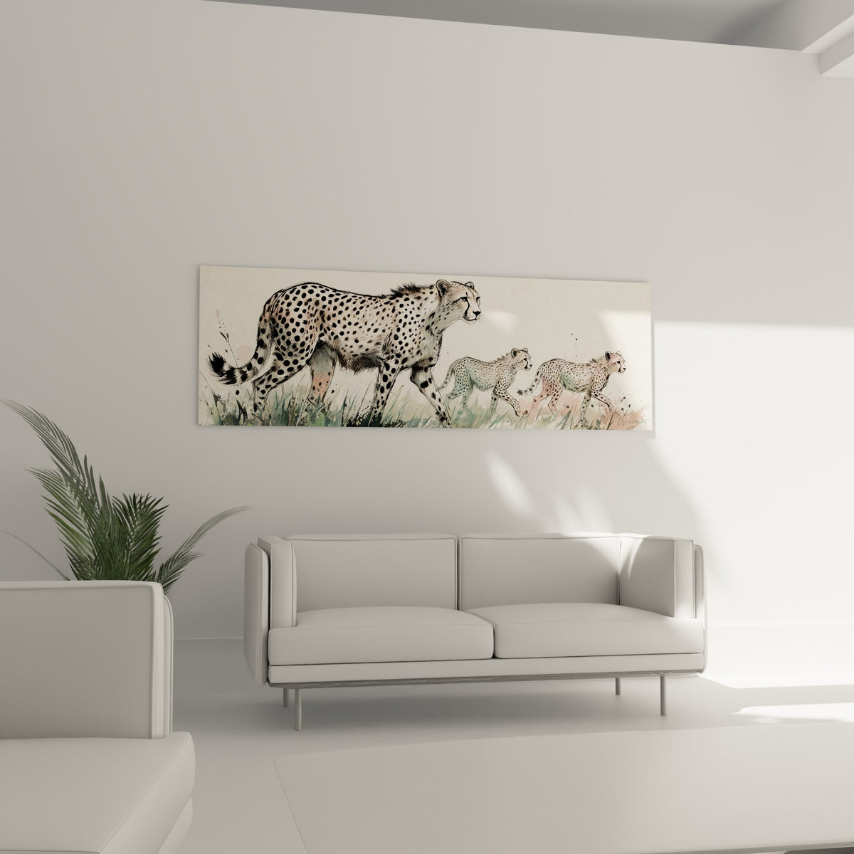 Guépards rose pâle et beige avançant côte à côte, au-dessus d'un canapé dans un salon lumineux