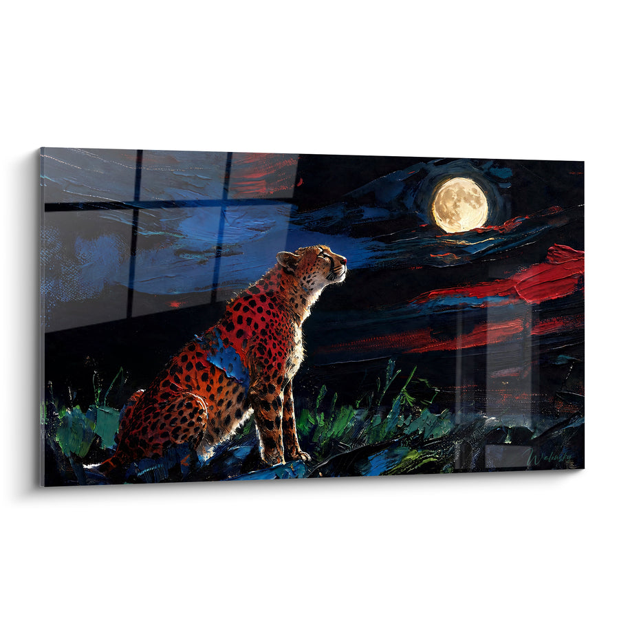 Tableau Guépard rouge et bleu contemplant la pleine lune - Herbes vertes nocturnes - Edition Guépard