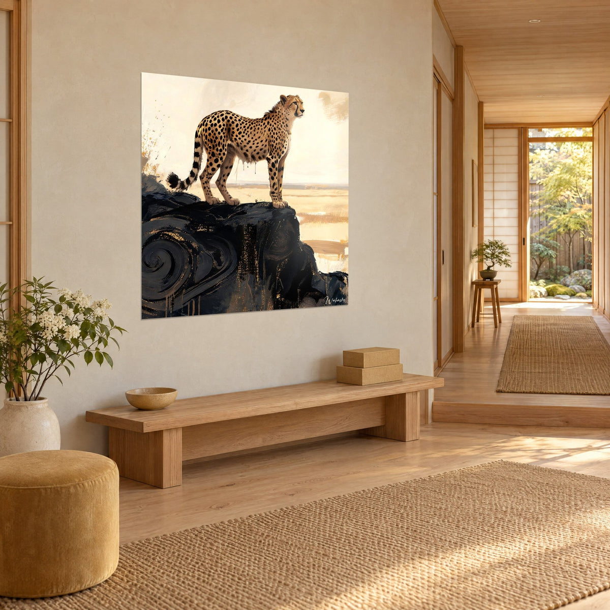 Schilderij van een waakzame cheetah op zijn met goud geaderde ebbenhouten rots, okerkleurige zandvlakte op de achtergrond, japandi gang in perspectief