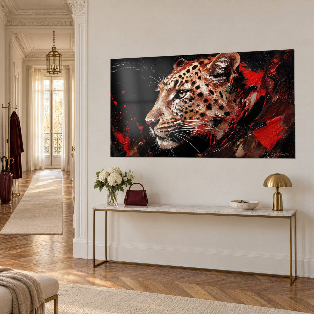 Tableau félin tacheté en peinture à l'huile épaisse, museau rosé, éclats rouge carmin et noir, sur un mur haussmannien