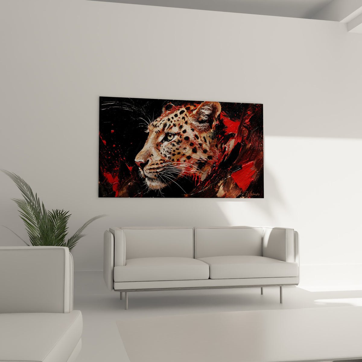Portrait de guépard fauve aux touches rouge sang, disposé au-dessus d'un canapé dans un salon lumineux