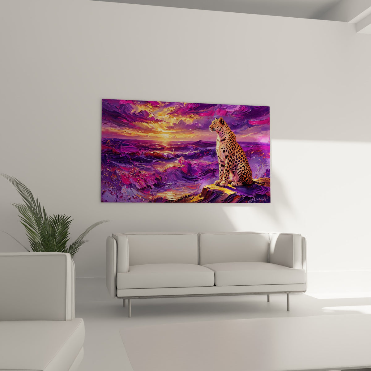 Silhouette du guépard sur rocher doré parmi des vagues violettes, au-dessus d'un canapé dans un salon lumineux