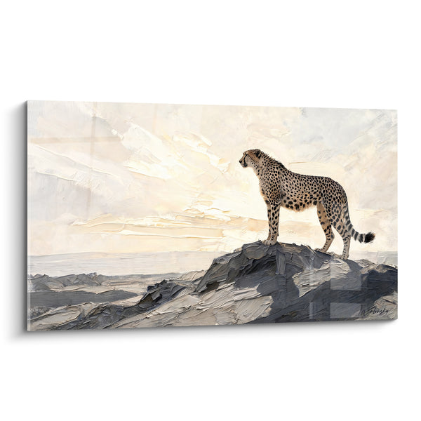 Tableau Guépard doré sur rocher gris ivoire - Ciel nuageux lumineux - Edition Guépard