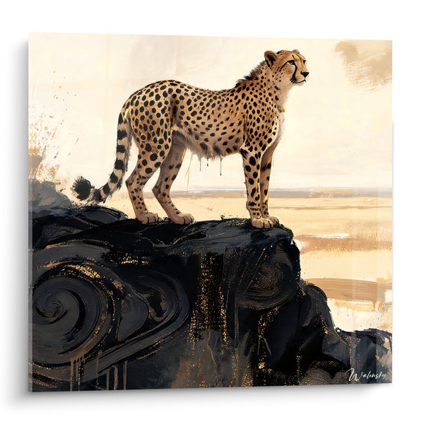 Tableau Guépard doré sur roche noire spiralée - Horizon sablonneux infini - Edition Guépard