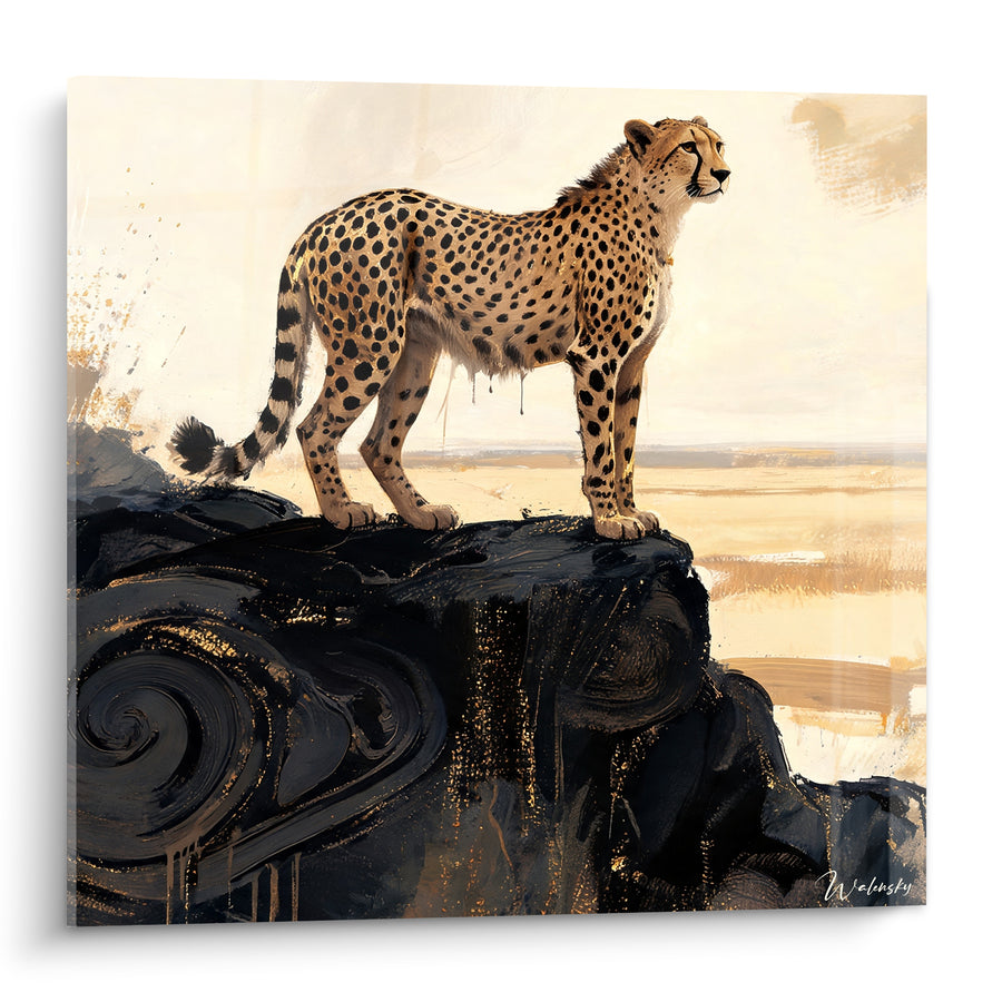 Tableau Guépard doré sur roche noire spiralée - Horizon sablonneux infini - Edition Guépard