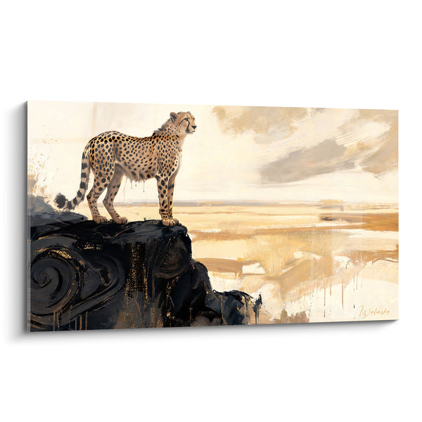 Tableau Guépard doré sur roche noire spiralée aux volutes sculptées - Plaine beige embrumée - Edition Guépard