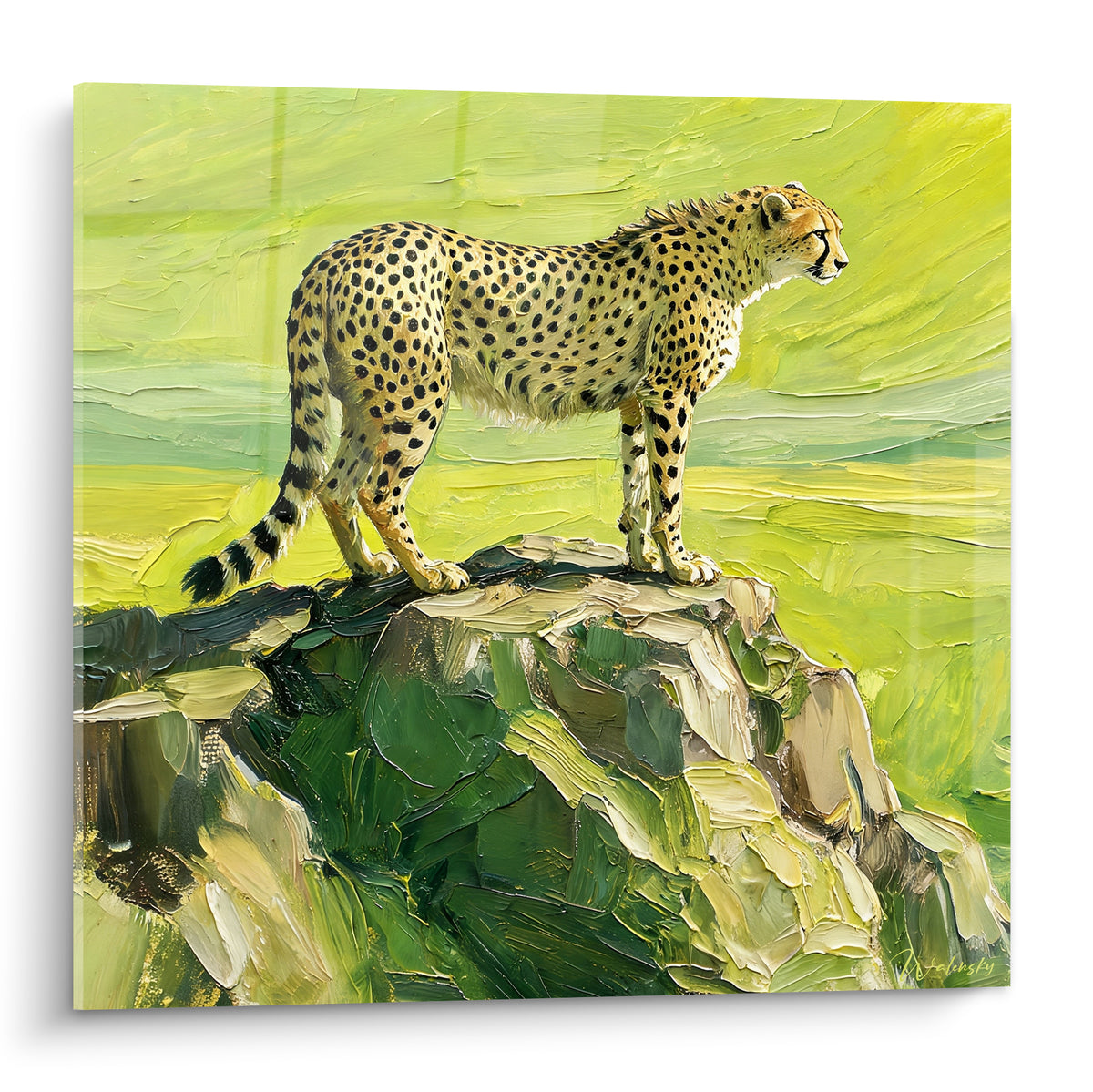 Guépard fauve tacheté dressé sur rocher vert, fond jaune doré, peinture au couteau texturée