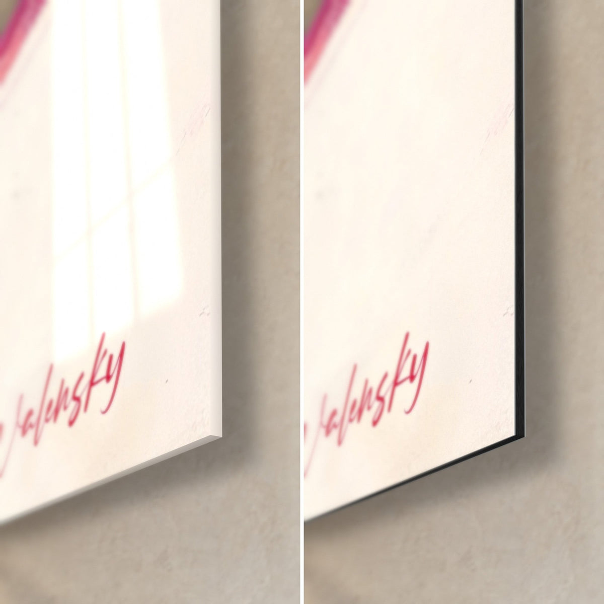 Wall art spotted wild cat, pink Walensky signature, glossy acrylic glass corner on the left and matte black Dibond aluminum, 3 mm thick