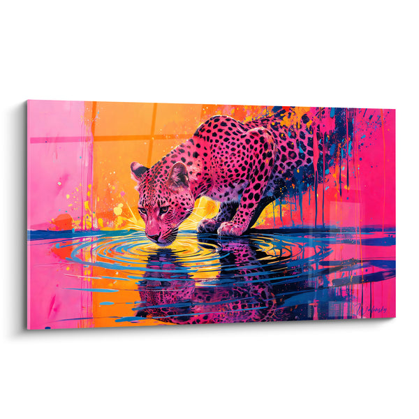 Tableau Guépard rose et jaune penché vers des ondulations bleues - Reflet sur l'eau - Edition Guépard