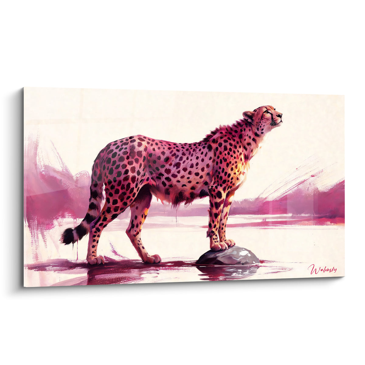 Wall art cheetah in pink and fawn standing on a grey rock, black spots, burgundy watercolor background