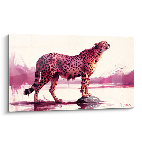 Pink and Tawny Leopard on a Rock Painting - Dawn Before the Hunt - Leopard Edition