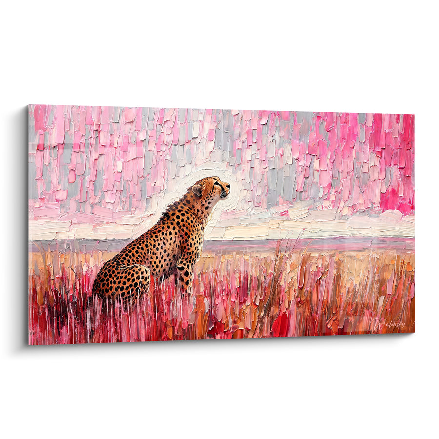 Tableau Guépard assis savane rose et fauve - Veille sur la plaine - Edition Guépard