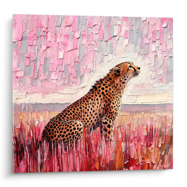 Tableau Guépard assis herbe rose fauve - Veille sur la savane - Edition Guépard