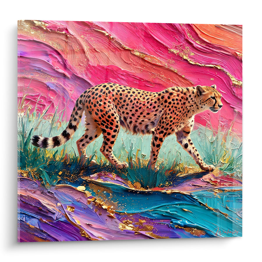 Tableau Guépard marchant sur fond rose et turquoise doré - Marche envoûtante - Edition Guépard