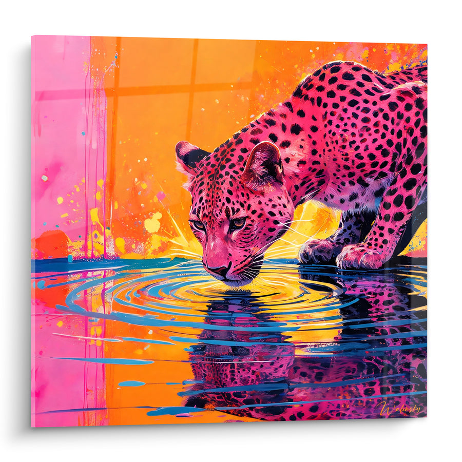 Tableau Guépard rose et orange s'abreuvant à l'eau - Instant de soif - Edition Guépard