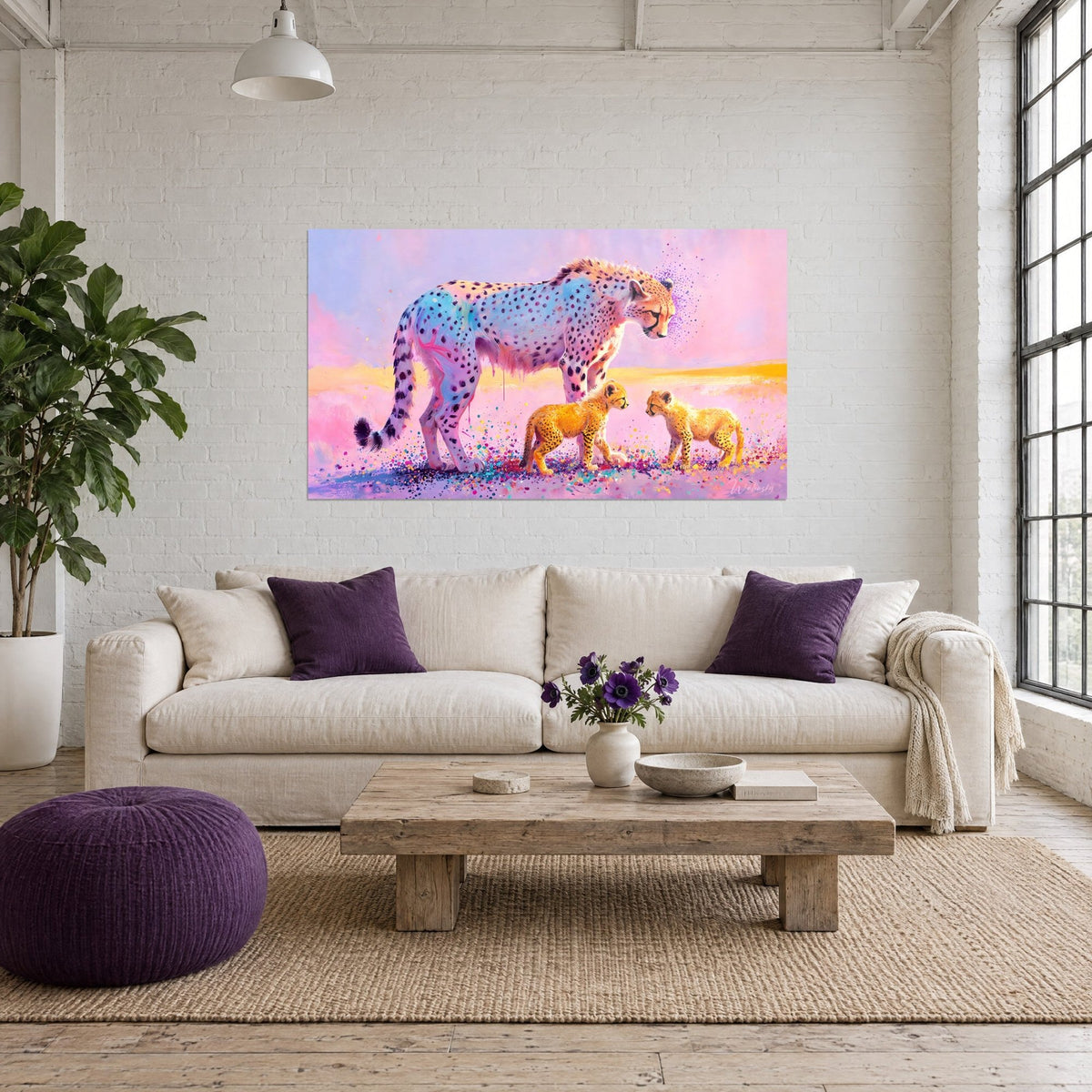 Tableau guépard au pelage turquoise et rose entouré de deux petits ocre, accroché au-dessus d'un canapé dans un salon lumineux