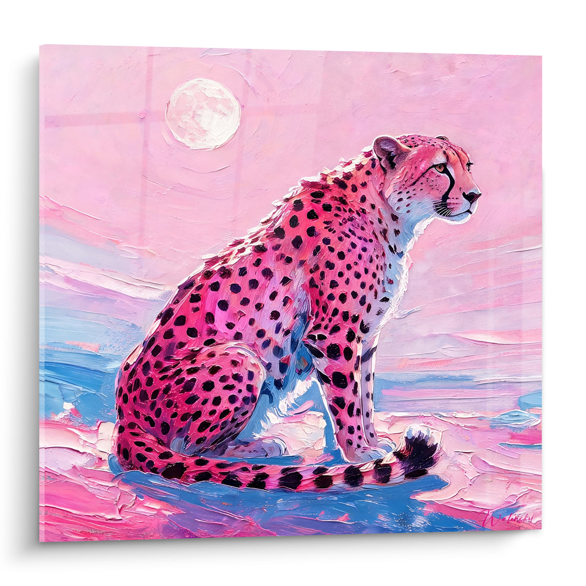 Guépard rose assis sous une pleine lune blanche, empâtements épais sur fond bleu pastel et rosé