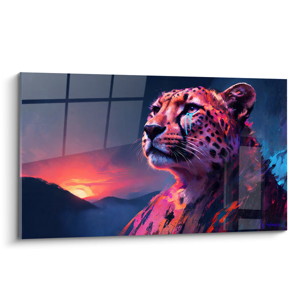 Tableau Guépard rose et bleu au regard levé - Larme turquoise sous l'œil - Edition Guépard
