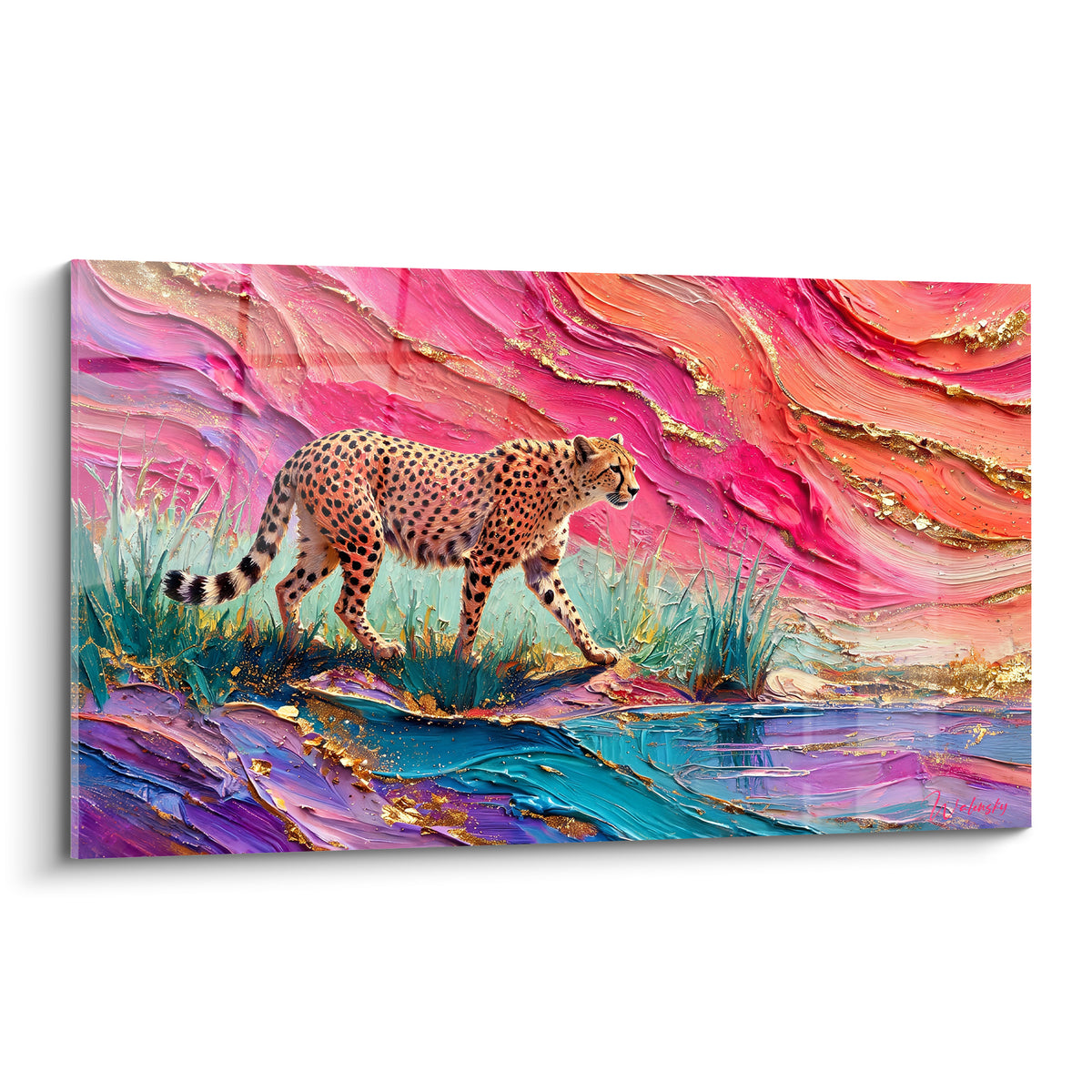 Guépard marchant sur fond rose fuchsia et turquoise, robe tachetée, style peinture au couteau dorée