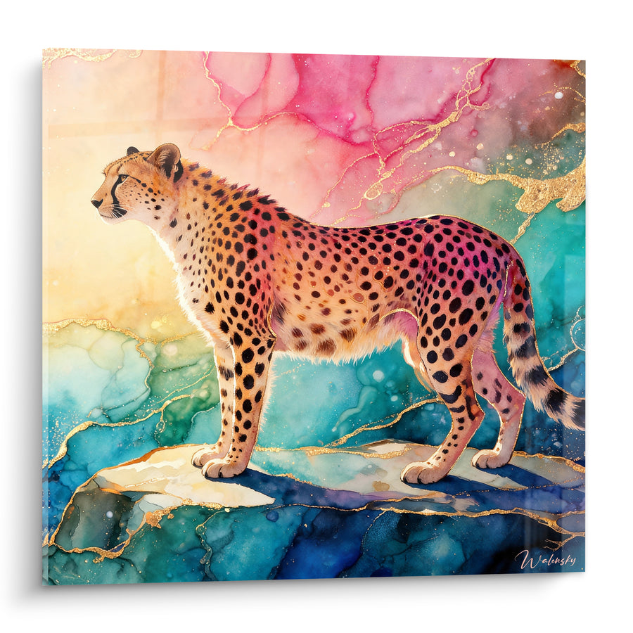 Tableau Guépard sur roche rose et turquoise - Vigie céleste - Edition Guépard