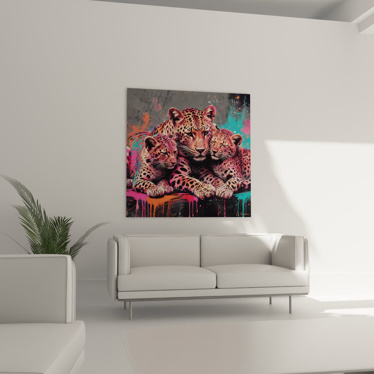 Trio de guépards aux regards perçants et couleurs turquoise vives, au-dessus d'un canapé dans un salon lumineux