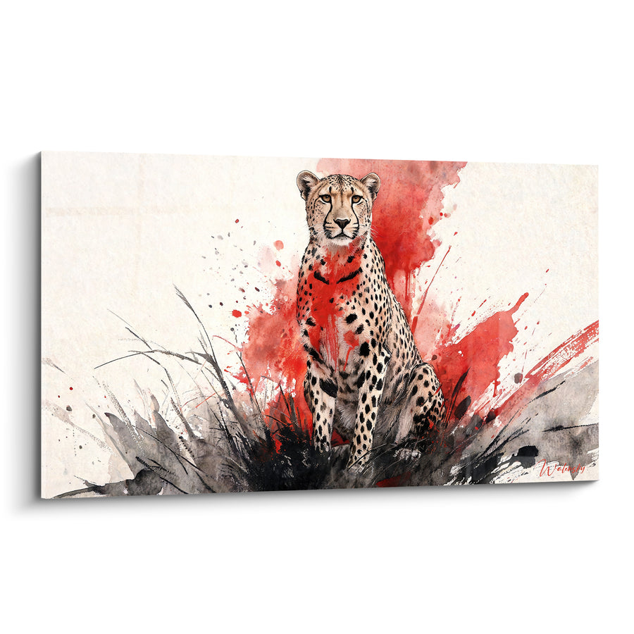 Tableau Guépard assis fond ivoire et rouge éclatant sur touffe d'herbes noires - Regard face à l'objectif - Edition Guépard
