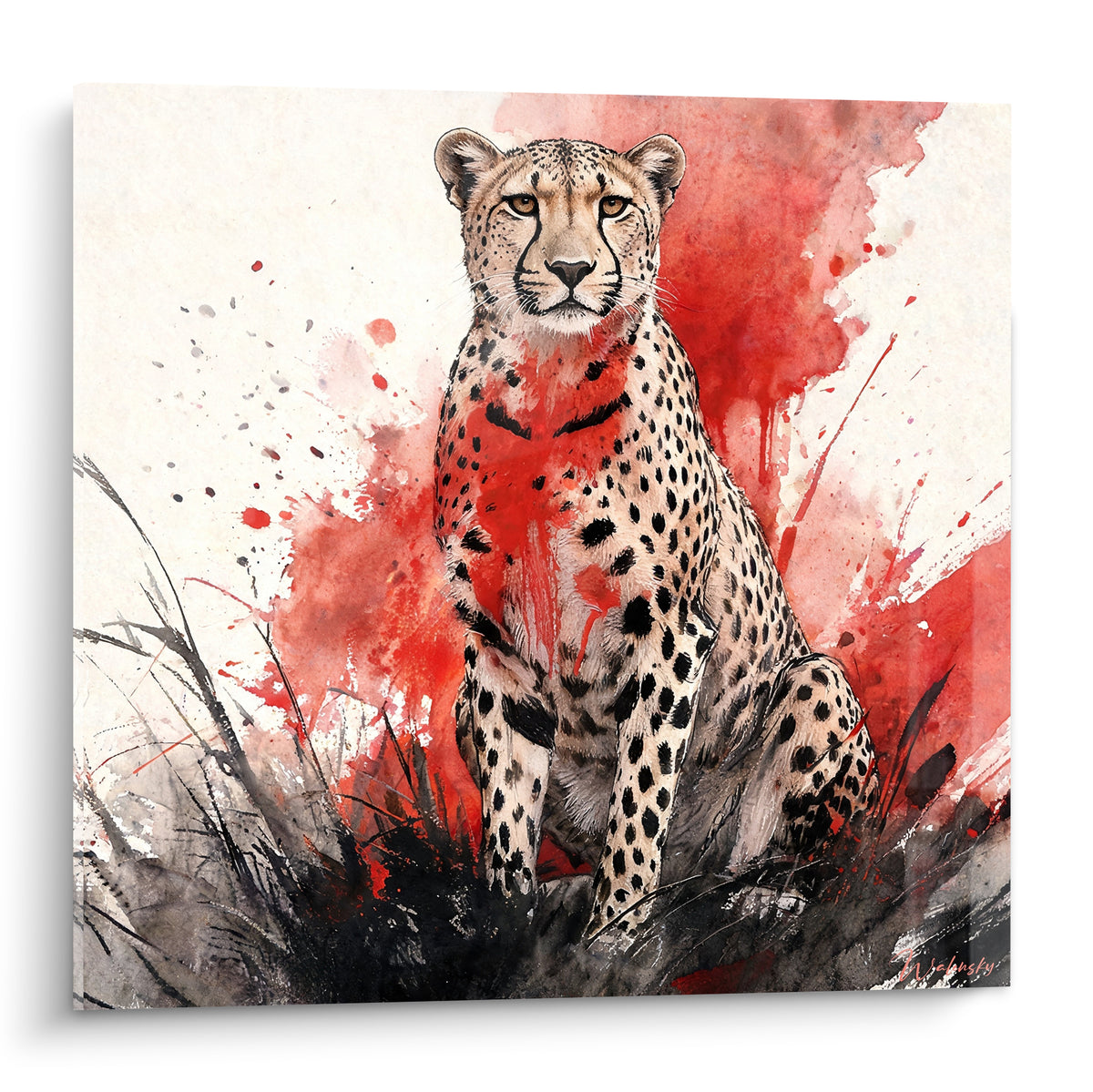 Guépard assis au regard fixe, pelage noir et beige, fond blanc éclaboussé de rouge intense