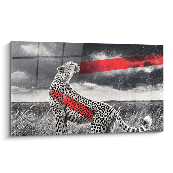 Tableau Guépard noir et blanc traversé de rouge - Trajectoire écarlate - Edition Guépard