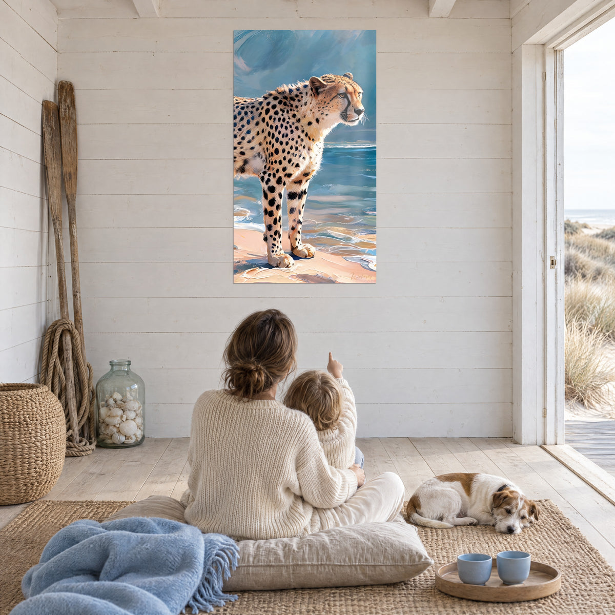 Wall art savanna hunter on turquoise beach with rosy sand, black-spotted coat, white living room, sleeping den