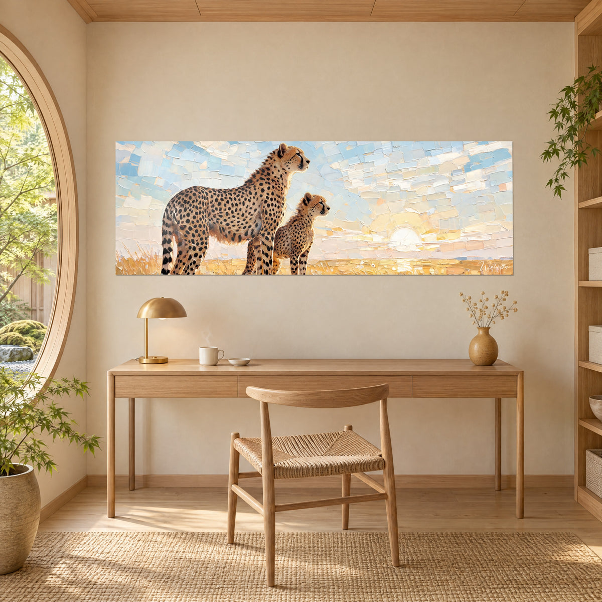 Wall art savannah big cats gazing toward dawn, golden black-spotted coat, sky blue and cream, above a light wood desk