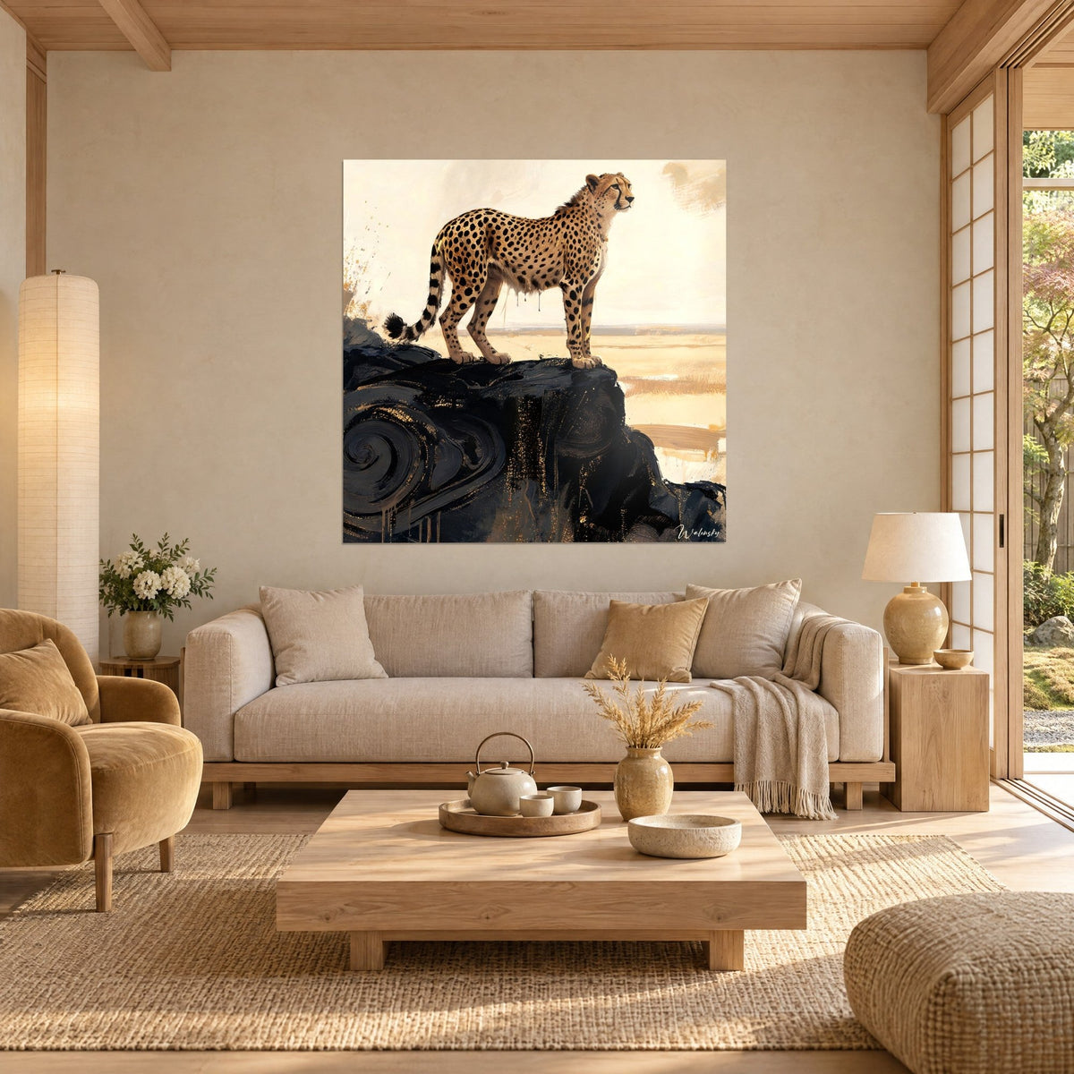 Schilderij van een felijn gespikkeld in zwart, goud en crème, gezeten op een wervelende inktrots boven een bank in een lichte woonkamer