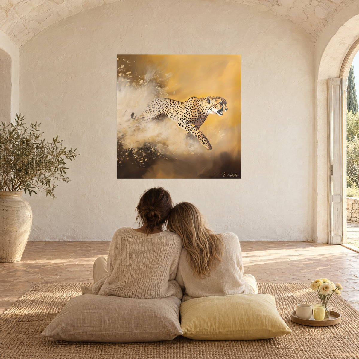 Tableau sprinter de la savane aux taches sombres, poussière crème et ocre dorée, deux femmes de dos assises sur des coussins beige et jaune