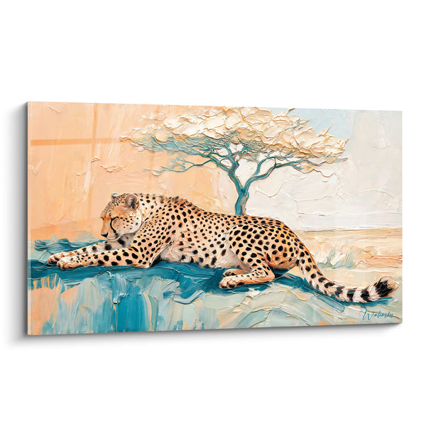 Tableau Guépard allongé sous acacia bleu pêche - Repos savane - Edition Guépard