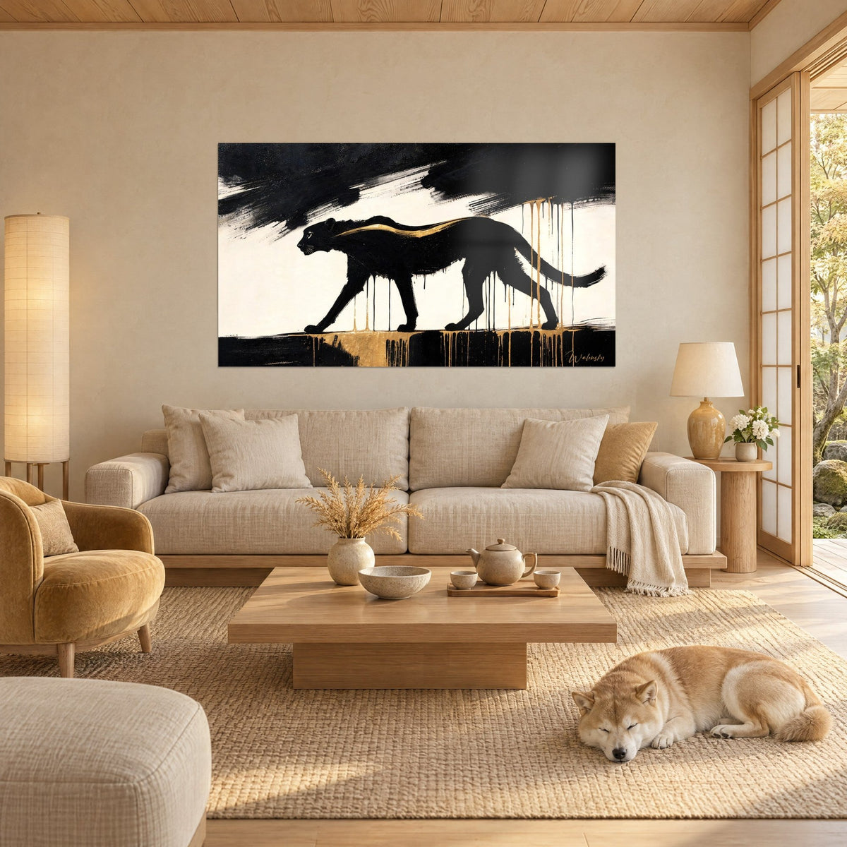 Wall art black feline with golden drips, ink on ivory background, a sleeping shiba on the rug, above a sofa in a bright living room